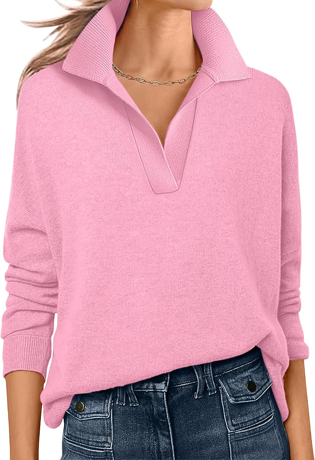 ANRABESS Womens Polo V Neck Long Sleeve Sweaters Lightweight Dressy Casual Business Basic Knit Pullover Top 2025 Fall Outfits