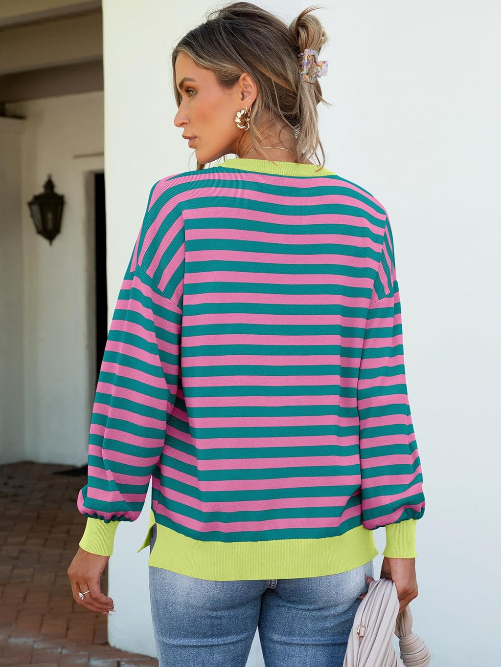 ANRABESS Womens Oversized Striped Sweaters Long Sleeve Crewneck Casual Side Slit Pullover Tops 2025 Fall Trendy Outfits