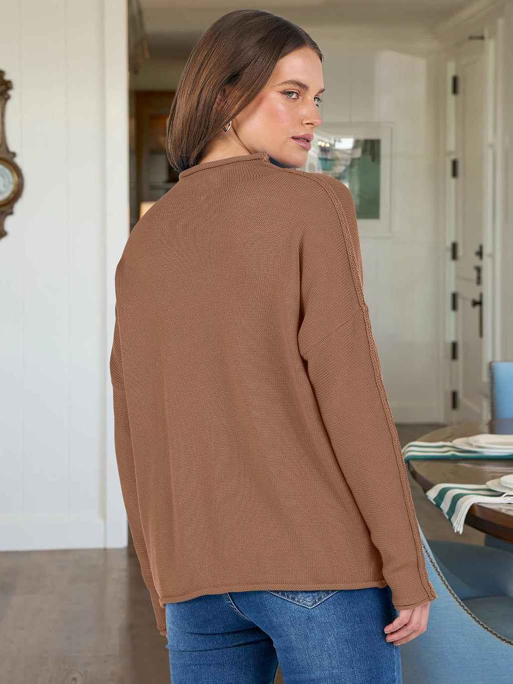 ANRABESS Women Casual Long Sleeve Mock Funnel Neck Knit Pullover Sweater Top 2025 Fall Fashion Outfits with Exposed Seam