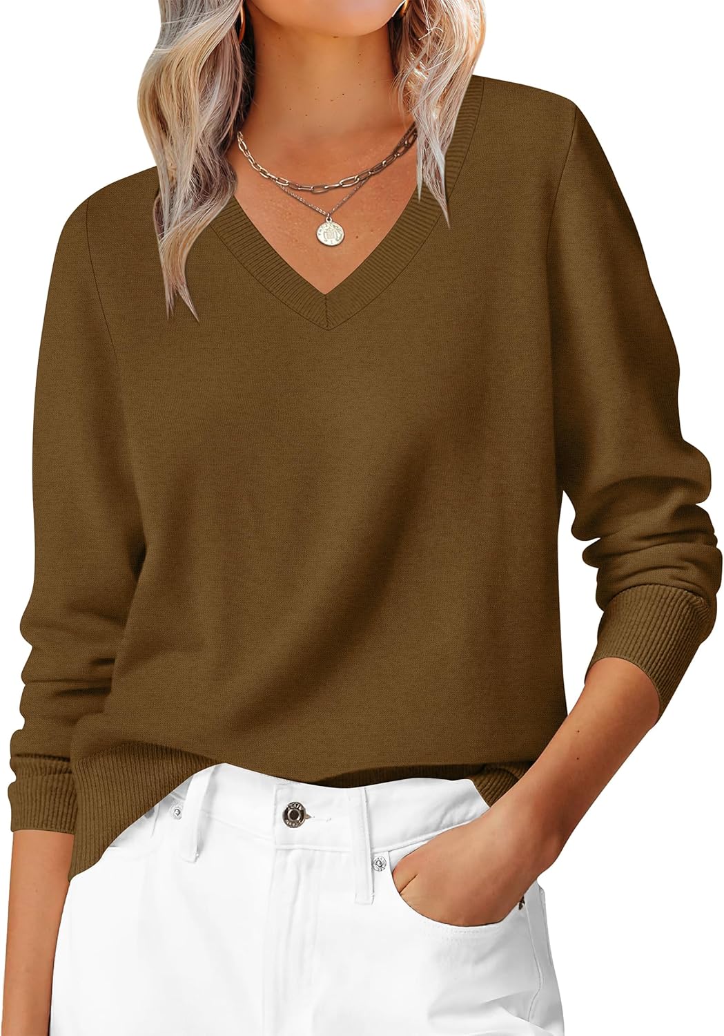 ANRABESS Womens Long Sleeve V Neck Sweaters 2025 Fall Casual Classic Soft Loose Fit Basic Pullover Jumper Top