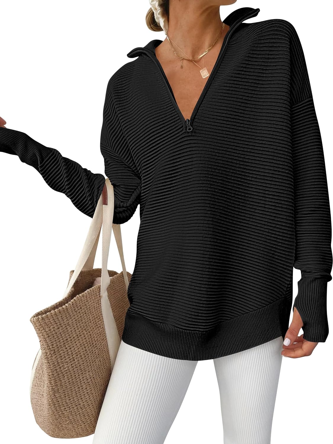 ANRABESS Womens Long Sleeve Quarter Zip Pullover Sweater Casual Loose V Neck Collared Ribbed Knit Jumper Tops Thumb Hole