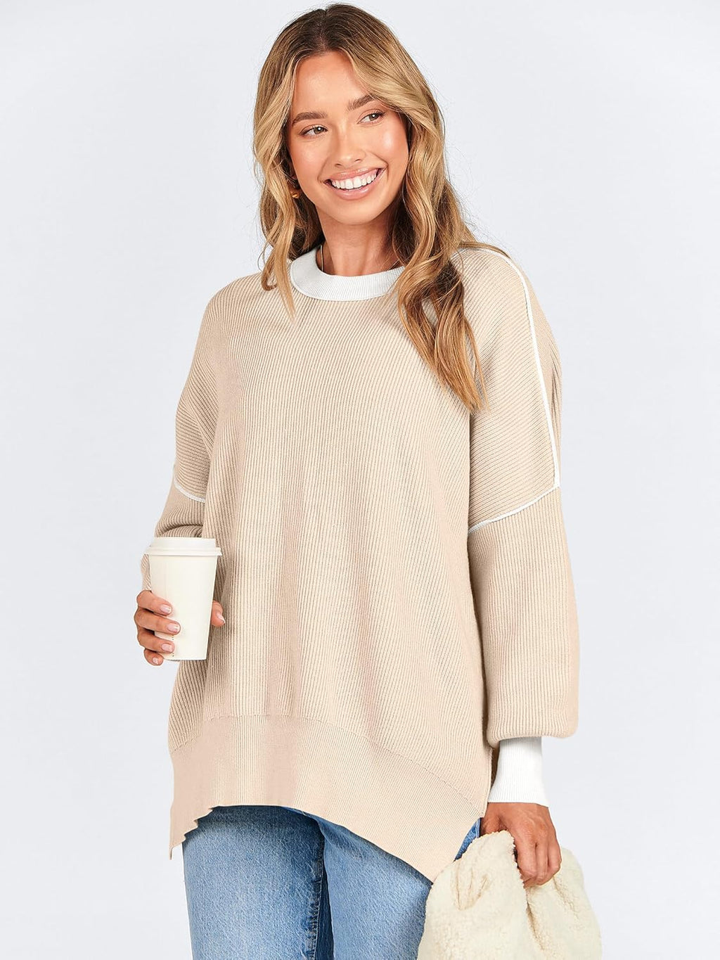 ANRABESS Womens Oversized Sweaters Fall 2025 Fashion Crewneck Batwing Long Sleeve Side Slit Knit Pullover Sweater Tops
