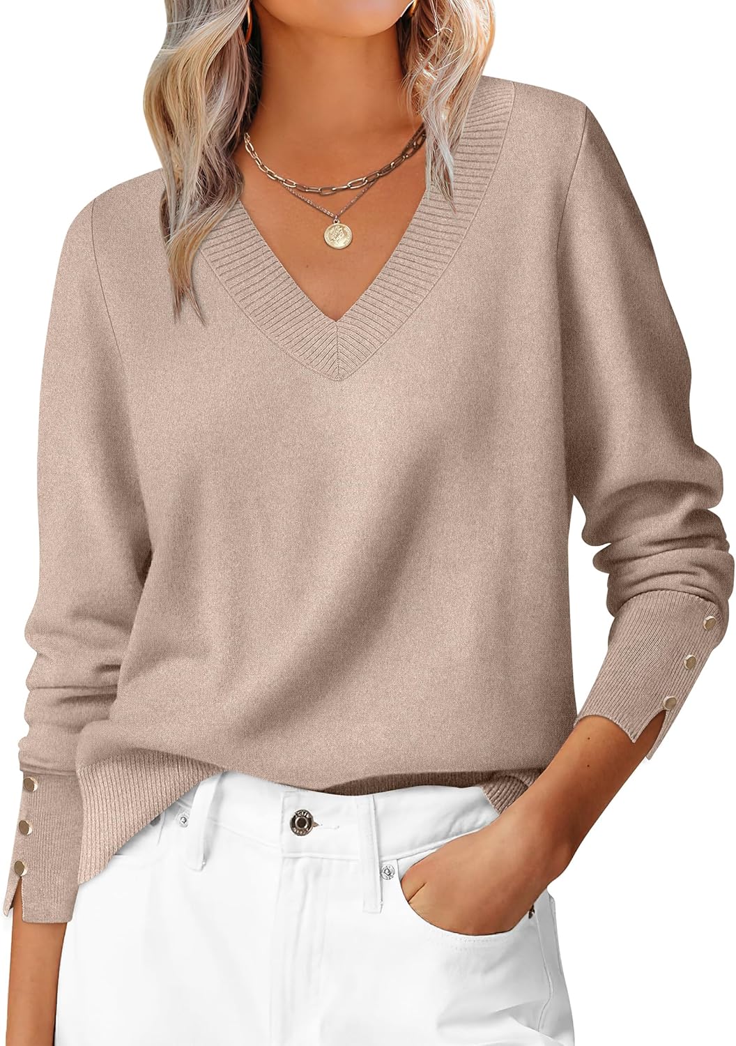 ANRABESS Sweaters for Women Long Sleeve V Neck Shirts Business Casual Work Blouses 2025 Fall Loose Knit Pullover Sweater Tops