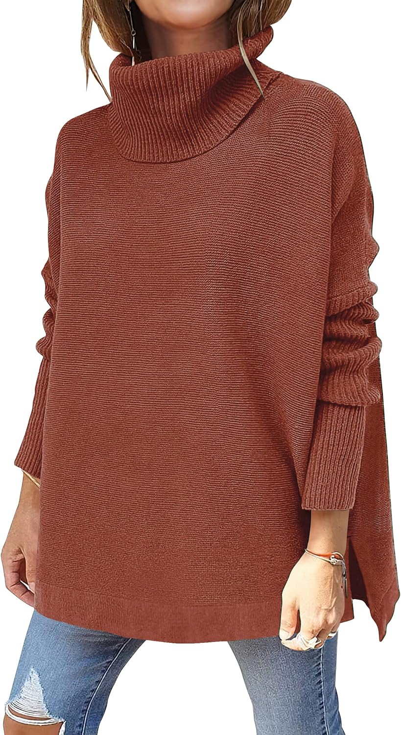 ANRABESS Women's Oversized Turtleneck Batwing Sleeve Spilt Casual Loose Knit Tunic Pullover Sweater Tops 2025 Fall Outfits
