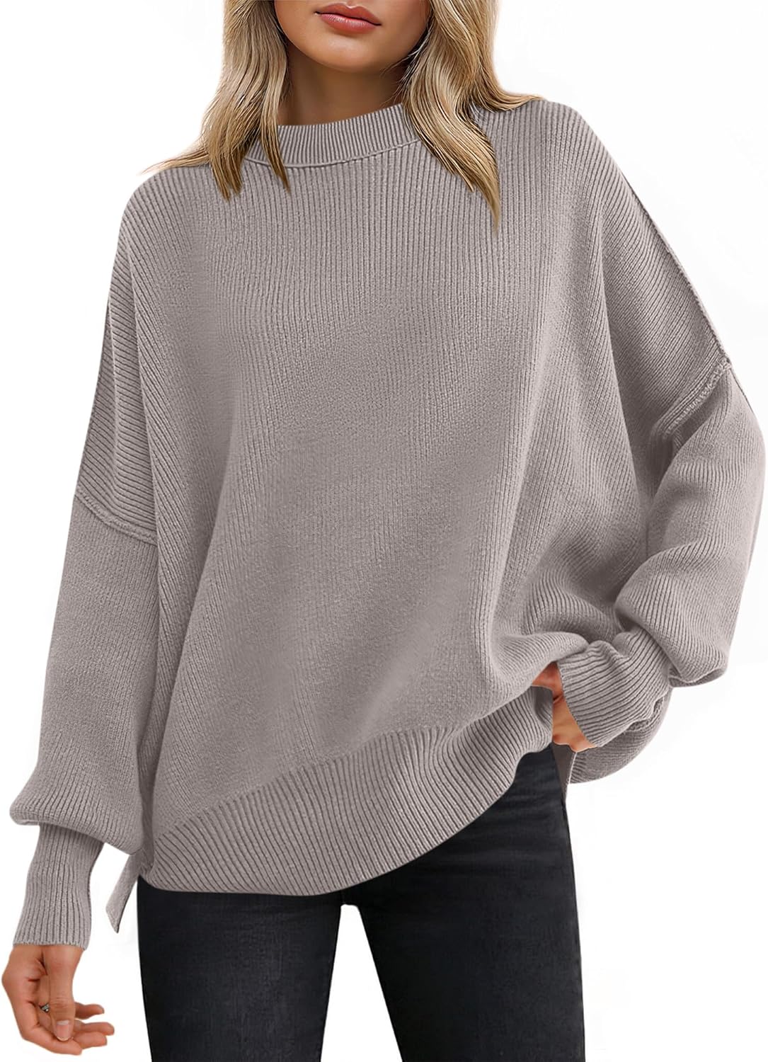 ANRABESS Women Oversized Sweaters Batwing Long Sleeve 2025 Fall Outfits Crewneck Casual Knit Side Slit Fashion Pullover Top