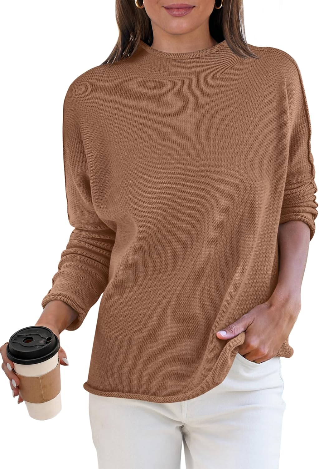 ANRABESS Women Casual Long Sleeve Mock Funnel Neck Knit Pullover Sweater Top 2025 Fall Fashion Outfits with Exposed Seam