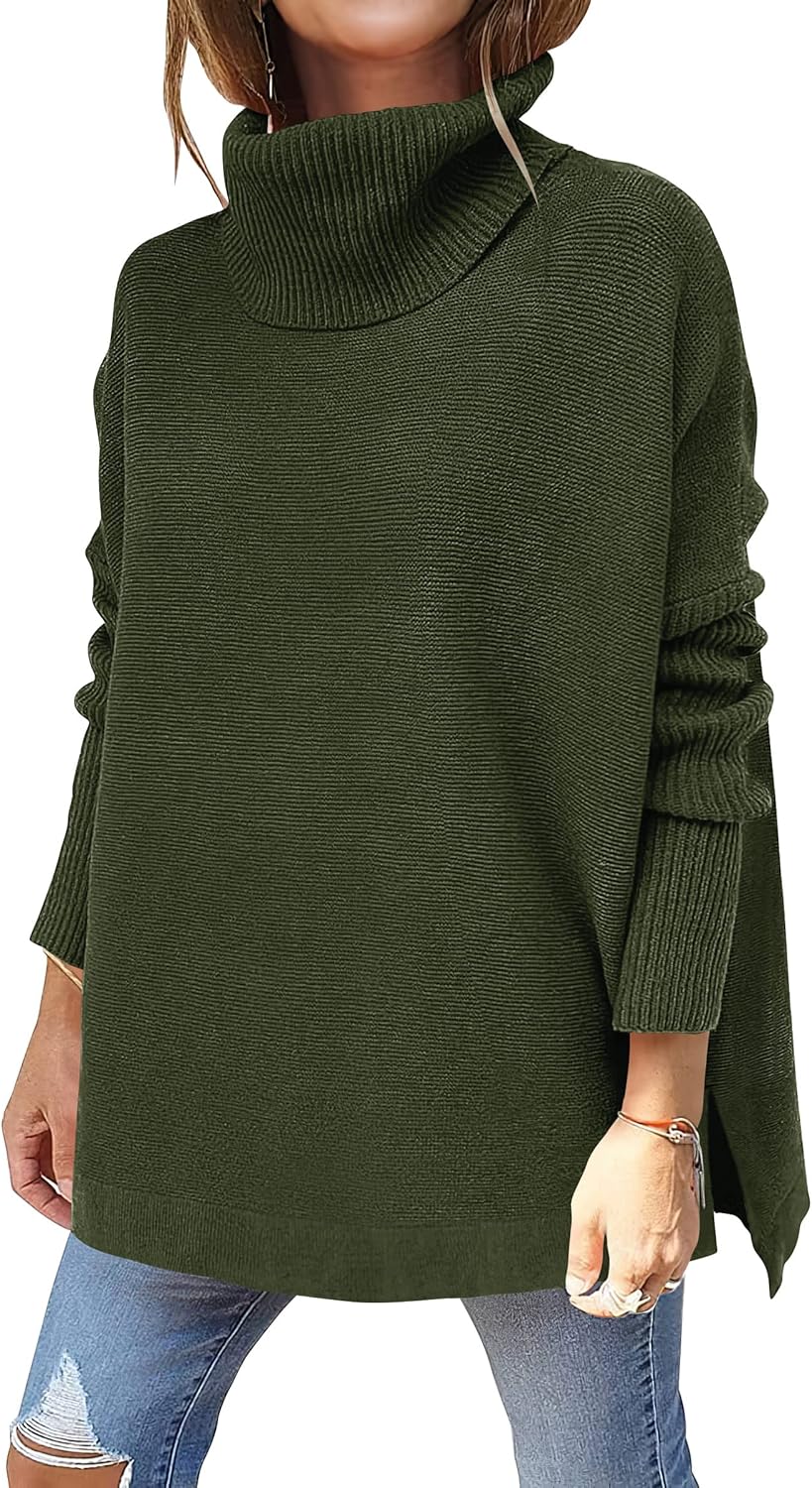 ANRABESS Women's Oversized Turtleneck Batwing Sleeve Spilt Casual Loose Knit Tunic Pullover Sweater Tops 2025 Fall Outfits