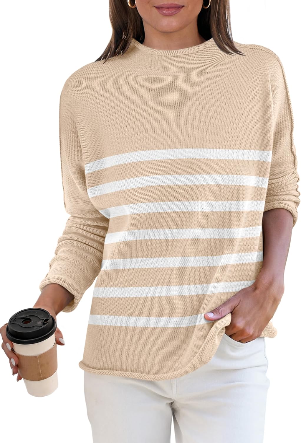 ANRABESS Women Casual Long Sleeve Mock Funnel Neck Knit Pullover Sweater Top 2025 Fall Fashion Outfits with Exposed Seam