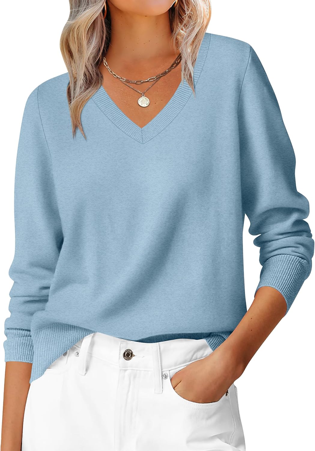 ANRABESS Womens Long Sleeve V Neck Sweaters 2025 Fall Casual Classic Soft Loose Fit Basic Pullover Jumper Top