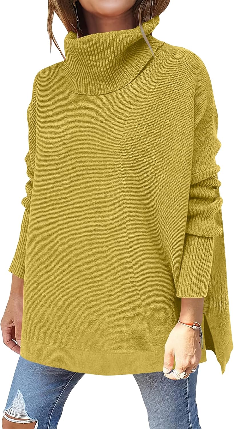 ANRABESS Women's Oversized Turtleneck Batwing Sleeve Spilt Casual Loose Knit Tunic Pullover Sweater Tops 2025 Fall Outfits