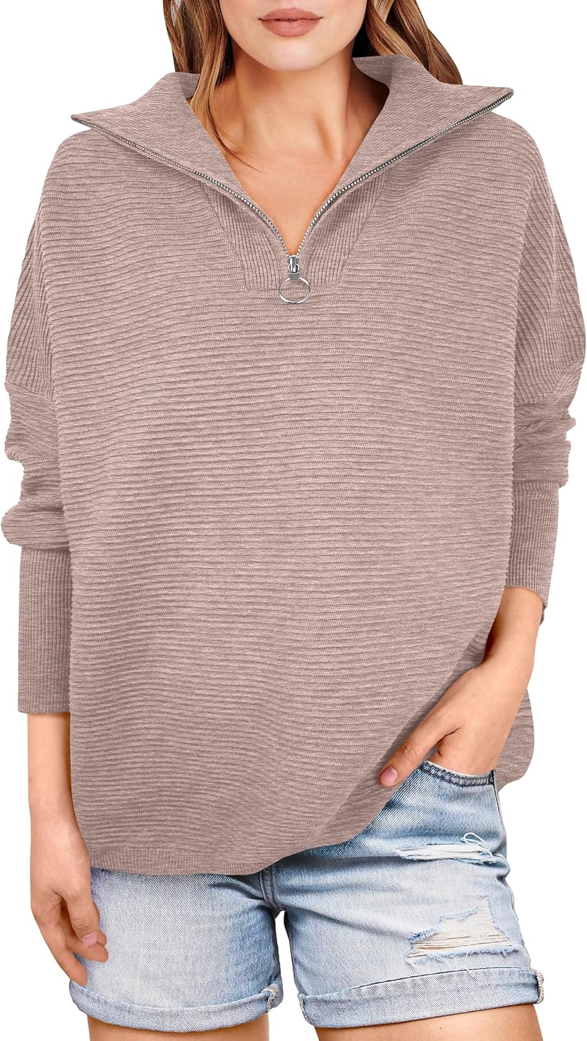 ANRABESS Women Quarter Zip Oversized Casual Loose Rib Knit Cozy Pullover Sweaters Top 2025 Fall Fashion Outfits Clothes