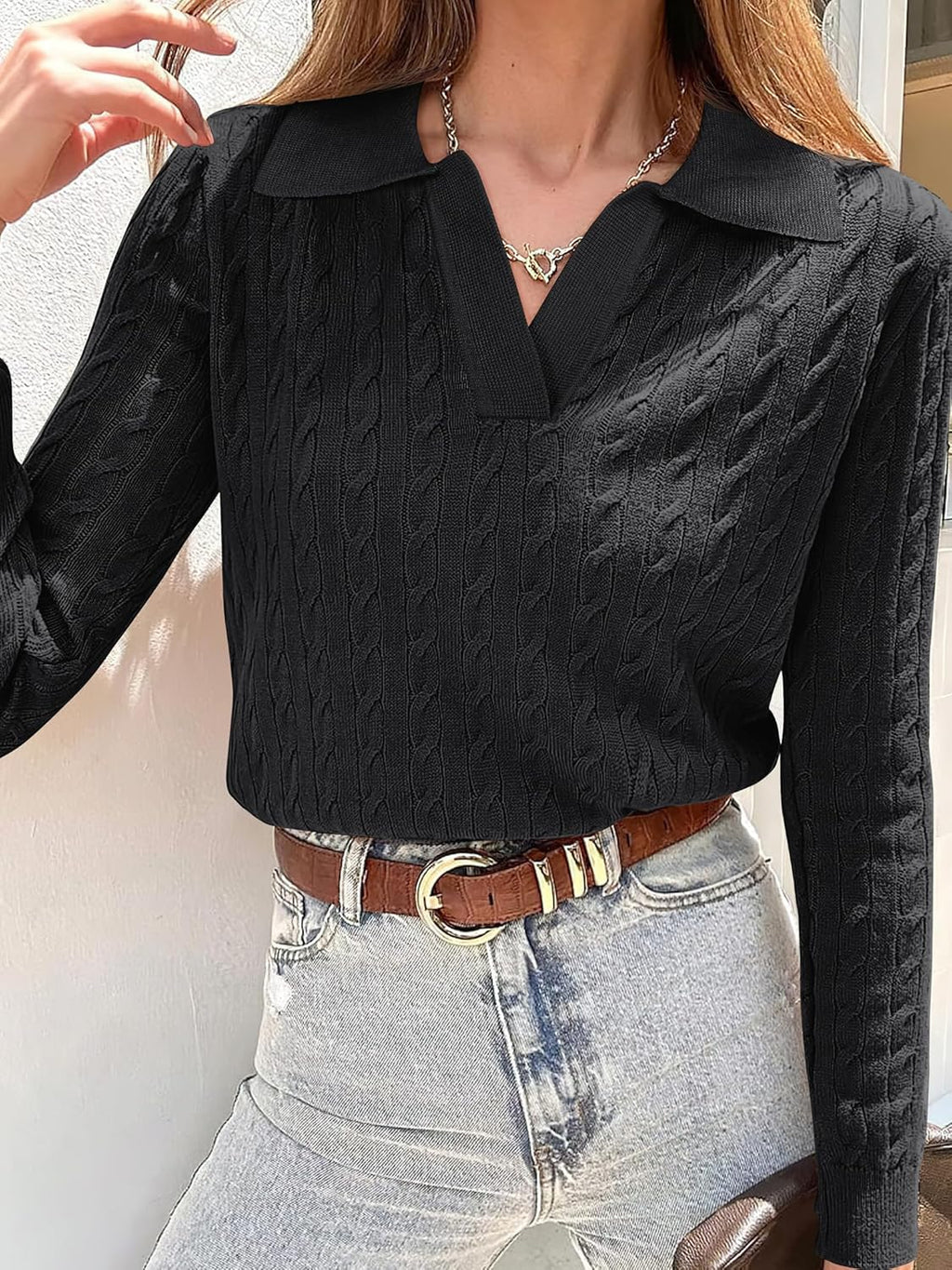 ANRABESS Womens Cable Knit Sweaters Long Sleeve V Neck Sweater Tops Casual Pullover Polo Shirts 2025 Fall Fashion Outfits