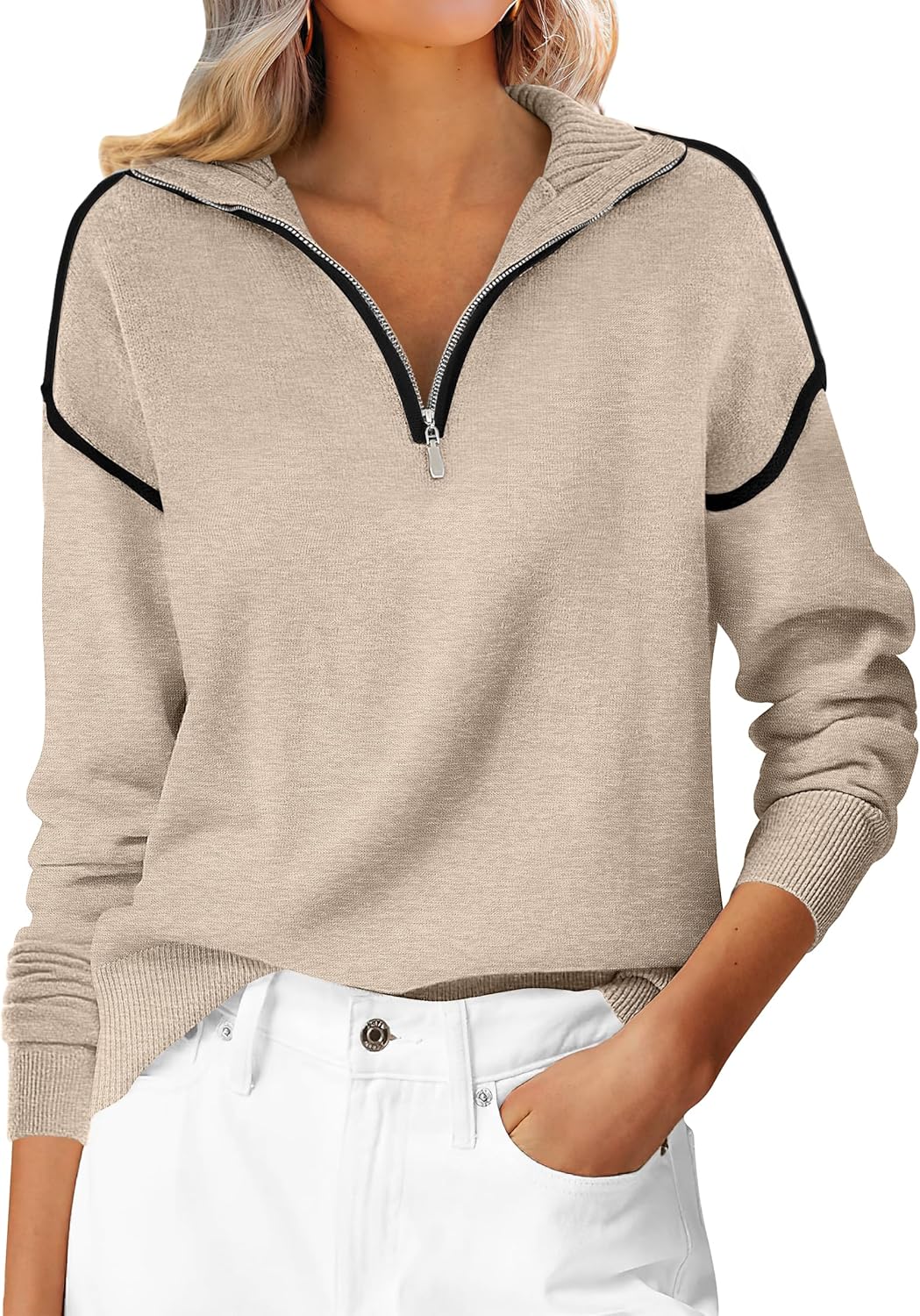 ANRABESS Womens Quarter Zip Sweaters Fall Long Sleeve V Neck Shirts Collared Business Casual Tops Knit Pullover Sweatshirts