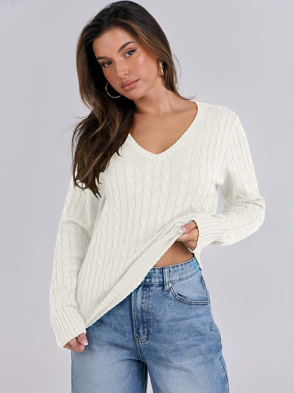 ANRABESS Womens Long Sleeve Cable Knit Sweater 2025 Fall Fashion V Neck Fitted Pullover Top Business Casual Work Fall Outfits