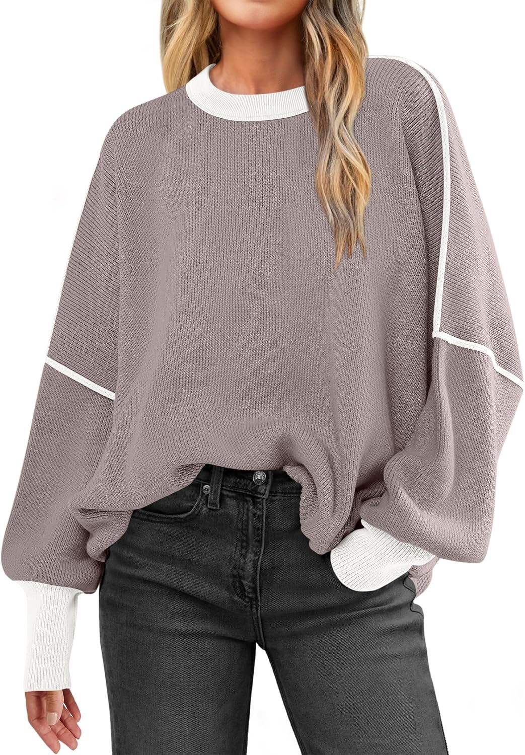 ANRABESS Womens Oversized Sweaters Fall 2025 Fashion Crewneck Batwing Long Sleeve Side Slit Knit Pullover Sweater Tops