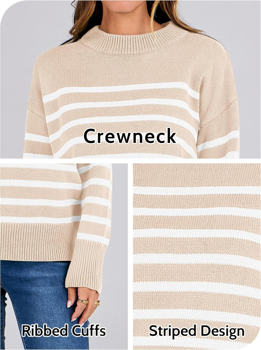 ANRABESS Women Fall Fashion Sweaters Striped Long Sleeve Crewneck Loose Fit Cozy Knit Trendy Pullover Sweater Tops Beige White Stripe Small