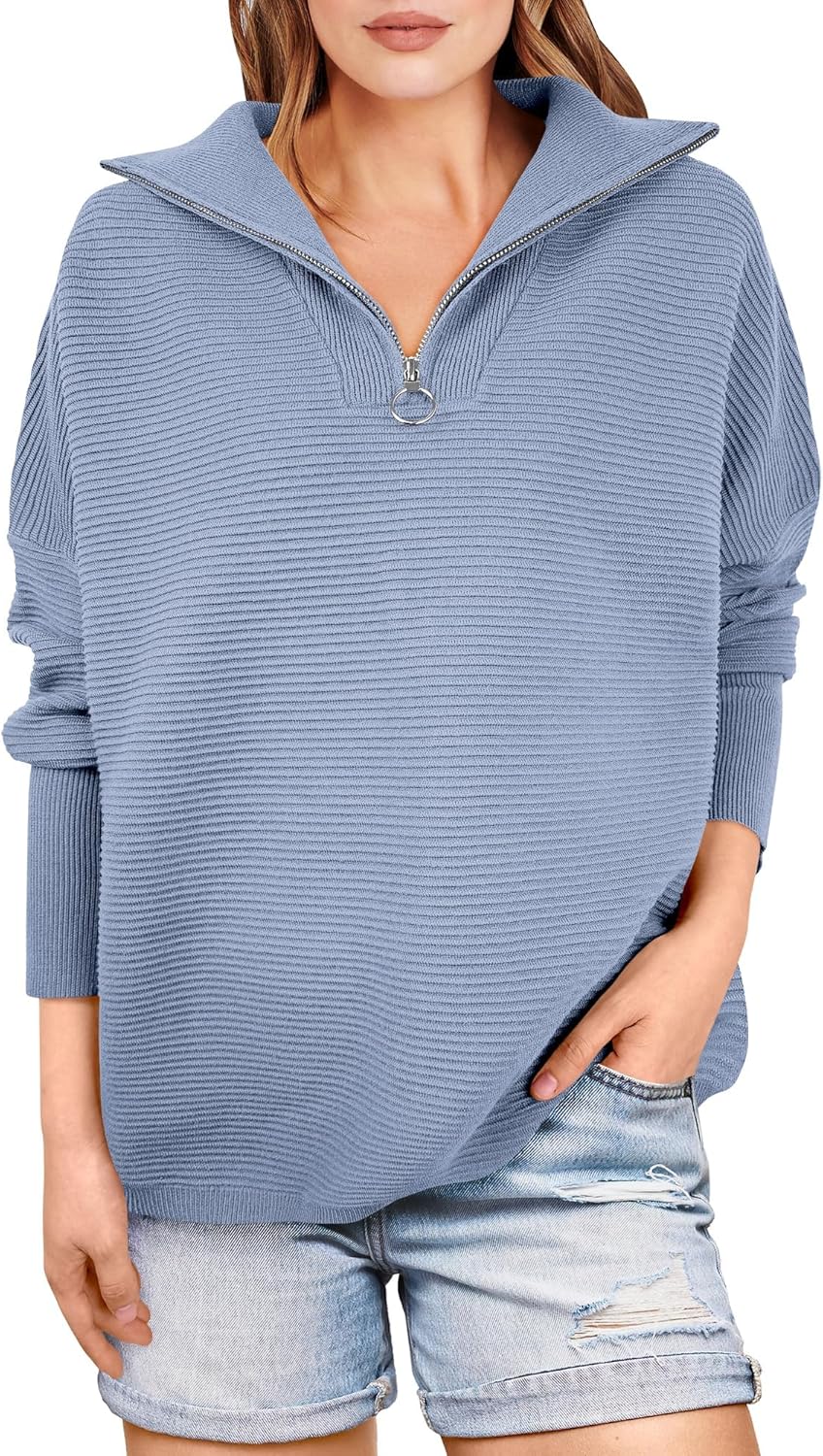 ANRABESS Women Quarter Zip Oversized Casual Loose Rib Knit Cozy Pullover Sweaters Top 2025 Fall Fashion Outfits Clothes