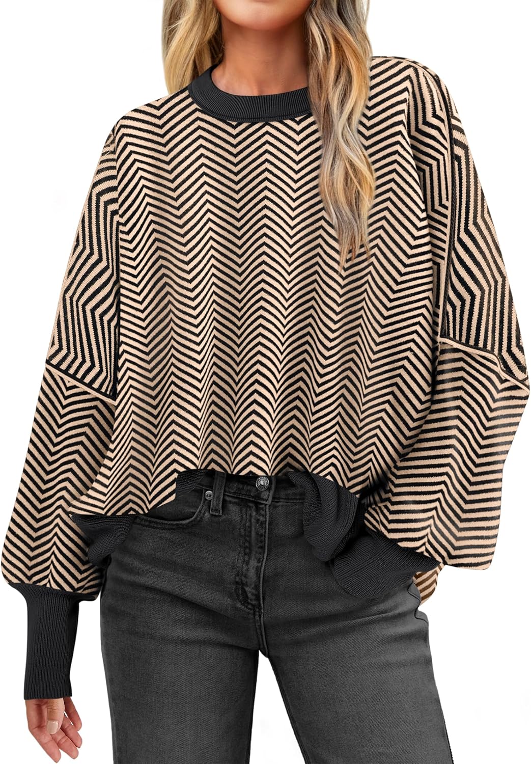 ANRABESS Womens Oversized Sweaters Fall 2025 Fashion Crewneck Batwing Long Sleeve Side Slit Knit Pullover Sweater Tops