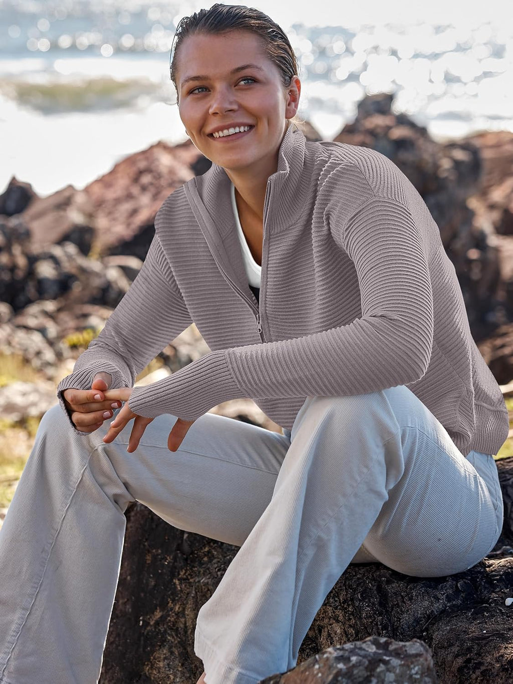 ANRABESS Womens Long Sleeve Quarter Zip Pullover Sweater Casual Loose V Neck Collared Ribbed Knit Jumper Tops Thumb Hole