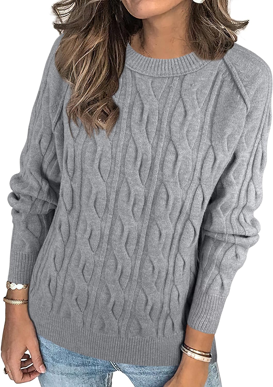 ANRABESS Sweaters for Women Long Sleeve Crewneck Cable Knit Casual Loose Pullover Tops 2025 Trendy Fall Vintage Outfits