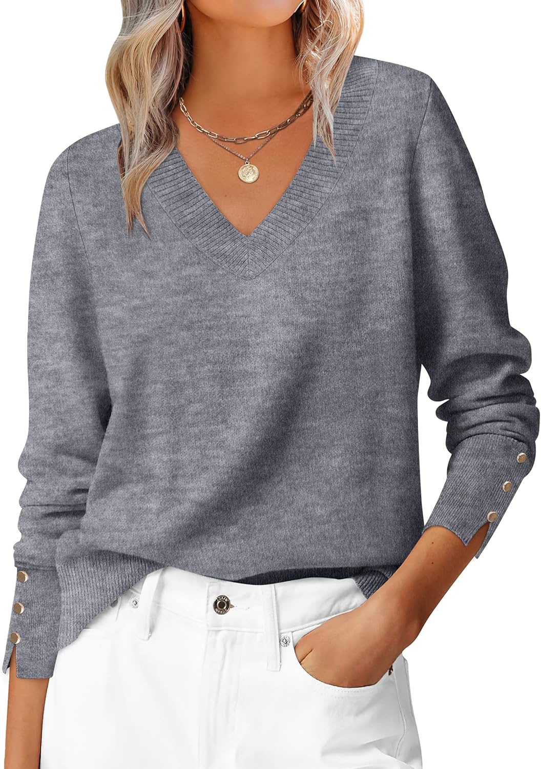 ANRABESS Sweaters for Women Long Sleeve V Neck Shirts Business Casual Work Blouses 2025 Fall Loose Knit Pullover Sweater Tops