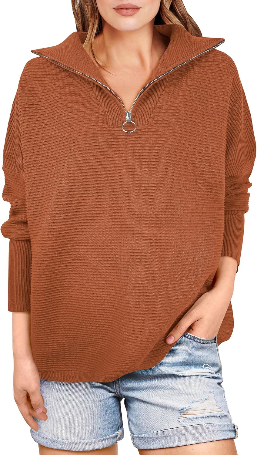 ANRABESS Women Quarter Zip Oversized Casual Loose Rib Knit Cozy Pullover Sweaters Top 2025 Fall Fashion Outfits Clothes