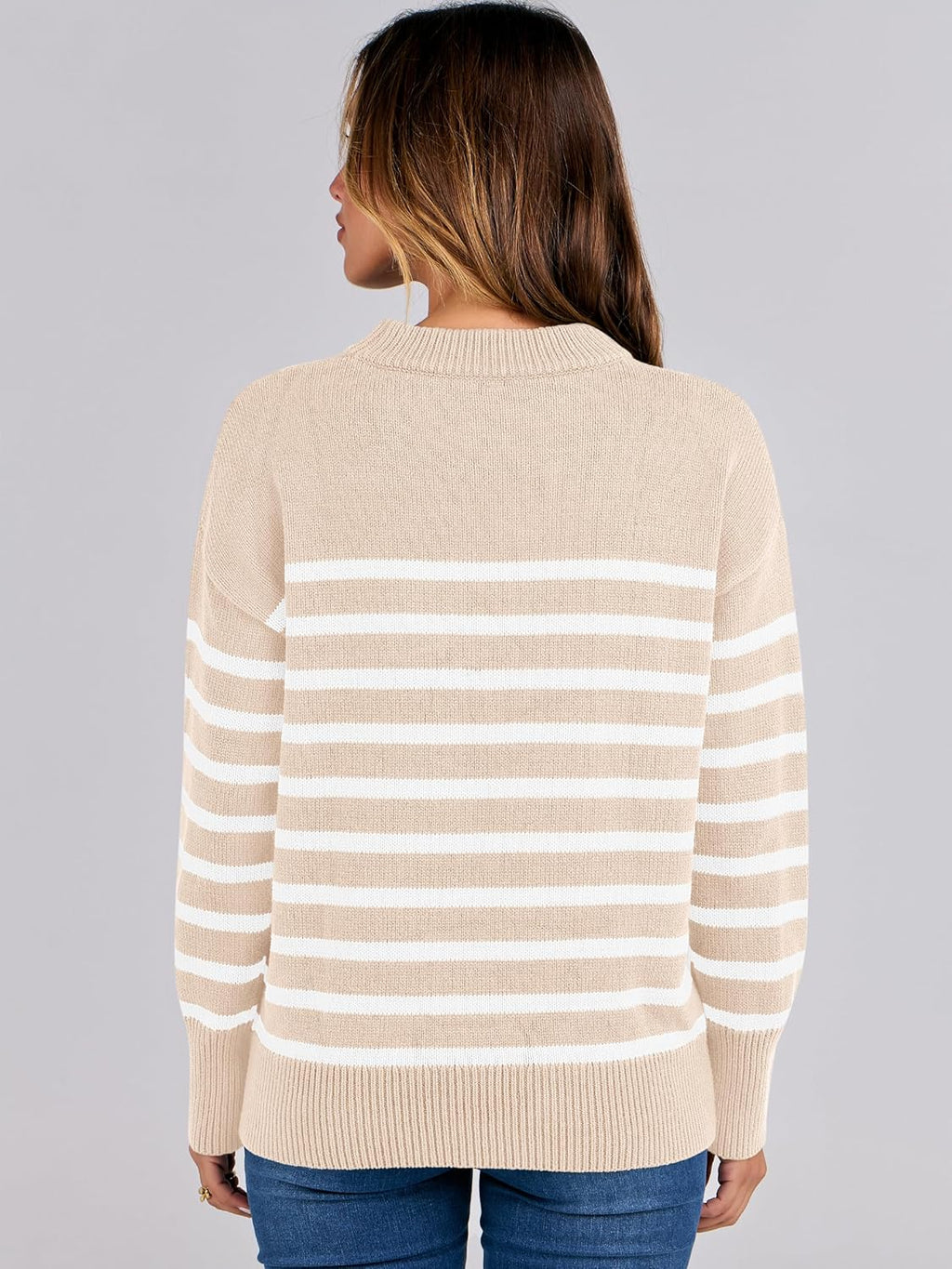 ANRABESS Women Fall Fashion Sweaters Striped Long Sleeve Crewneck Loose Fit Cozy Knit Trendy Pullover Sweater Tops Beige White Stripe Small