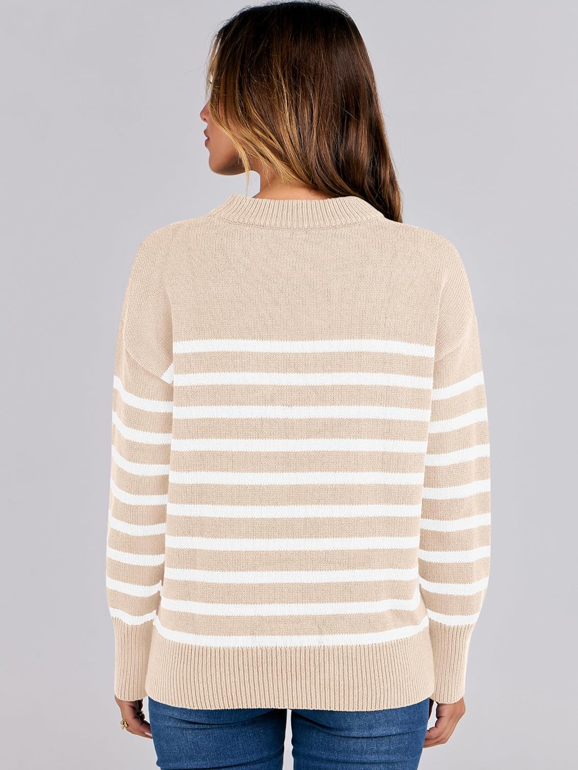 ANRABESS Women Fall Fashion Sweaters Striped Long Sleeve Crewneck Loose Fit Cozy Knit Trendy Pullover Sweater Tops Beige White Stripe Small