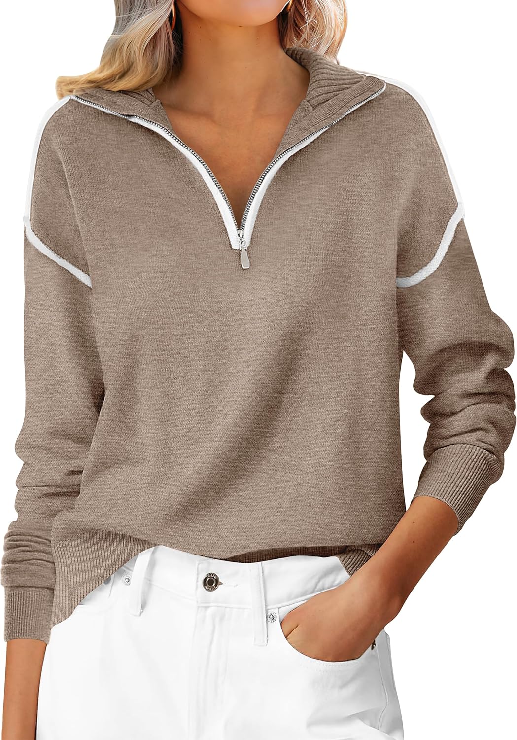 ANRABESS Womens Quarter Zip Sweaters Fall Long Sleeve V Neck Shirts Collared Business Casual Tops Knit Pullover Sweatshirts