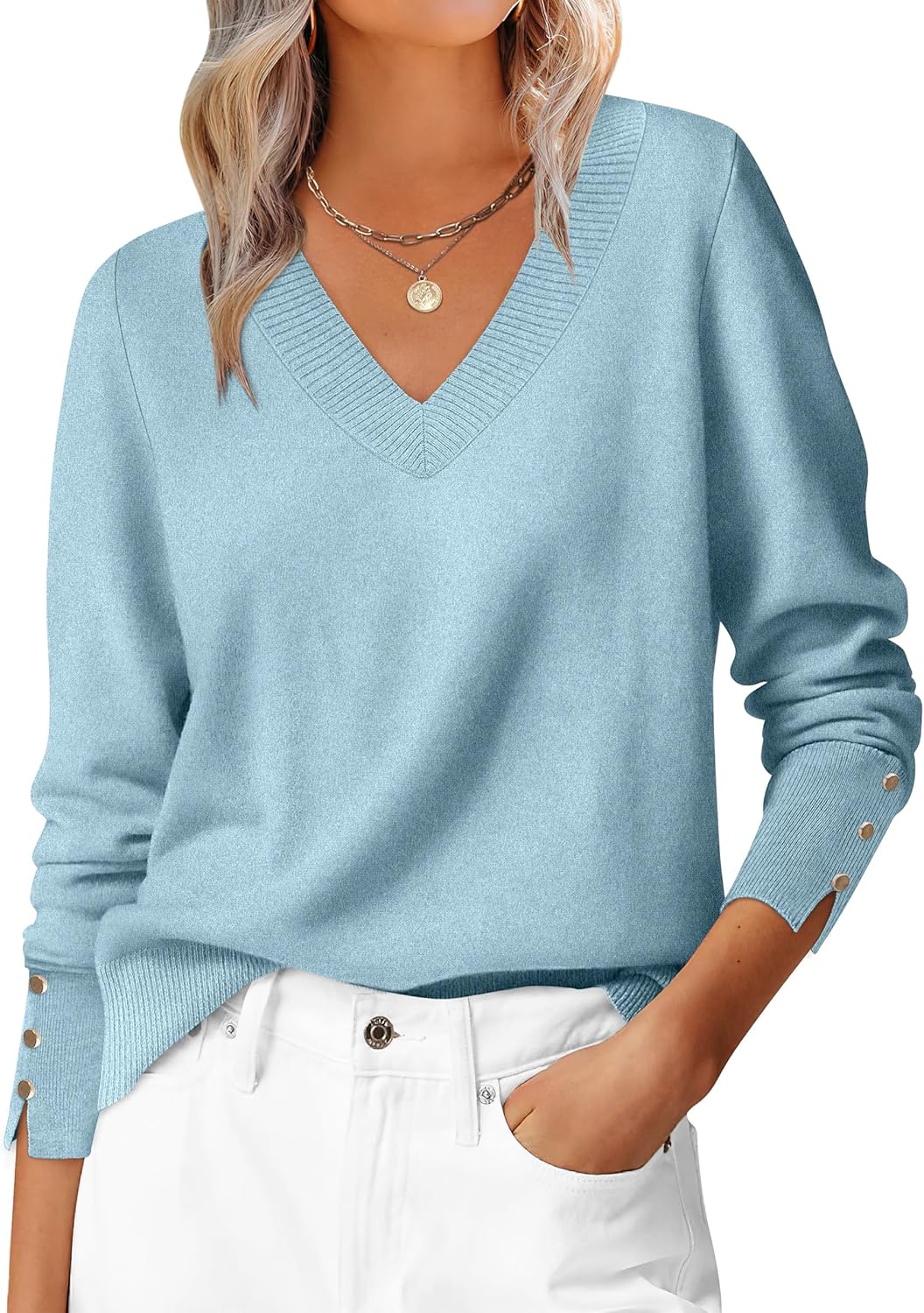 ANRABESS Sweaters for Women Long Sleeve V Neck Shirts Business Casual Work Blouses 2025 Fall Loose Knit Pullover Sweater Tops