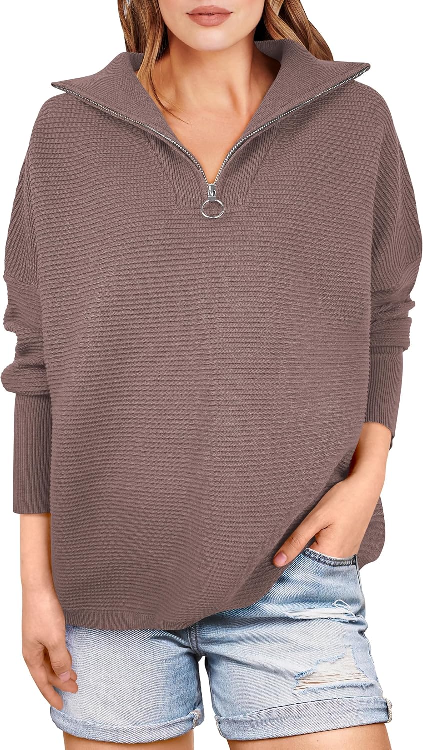 ANRABESS Women Quarter Zip Oversized Casual Loose Rib Knit Cozy Pullover Sweaters Top 2025 Fall Fashion Outfits Clothes