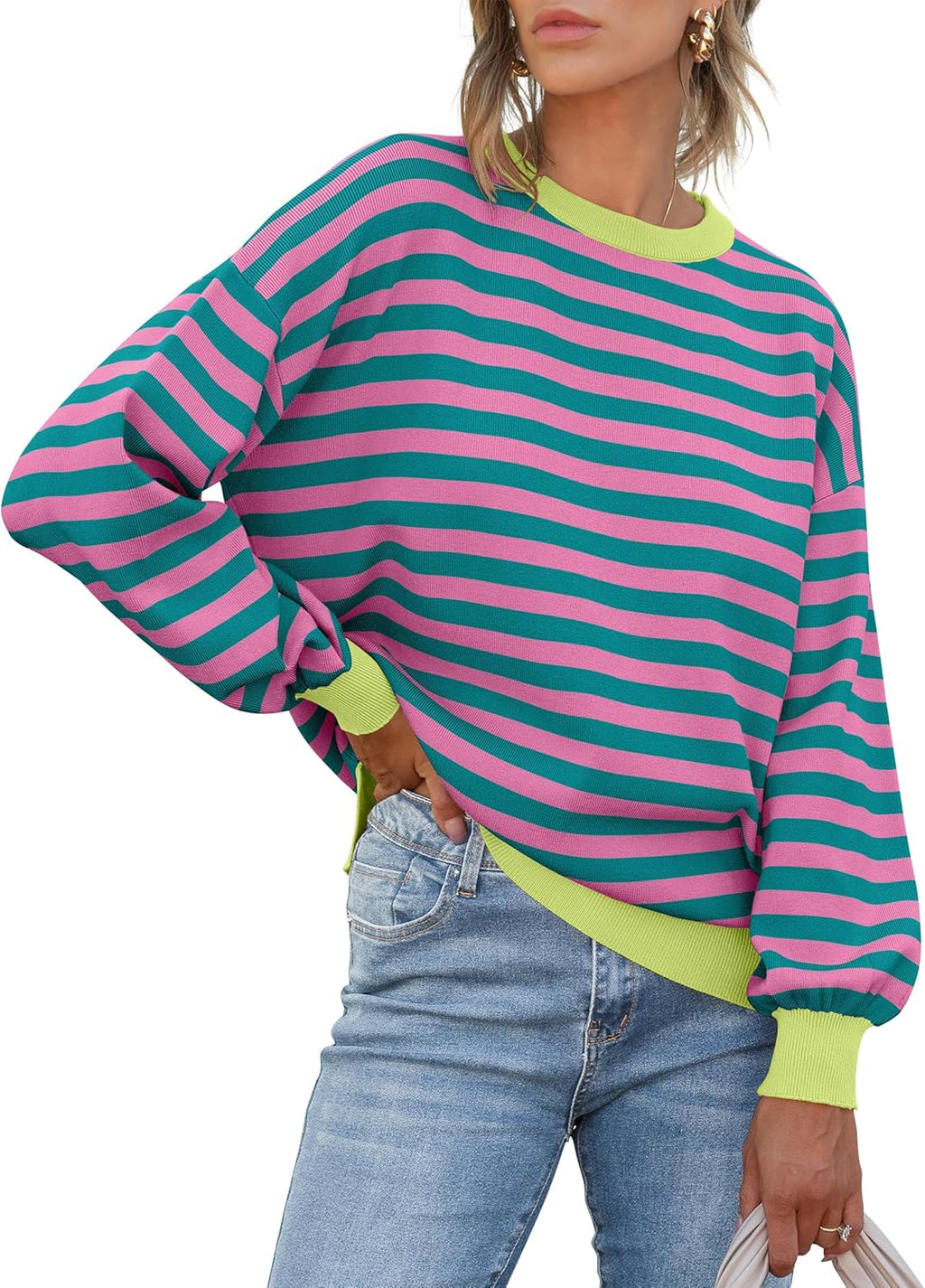 ANRABESS Womens Oversized Striped Sweaters Long Sleeve Crewneck Casual Side Slit Pullover Tops 2025 Fall Trendy Outfits