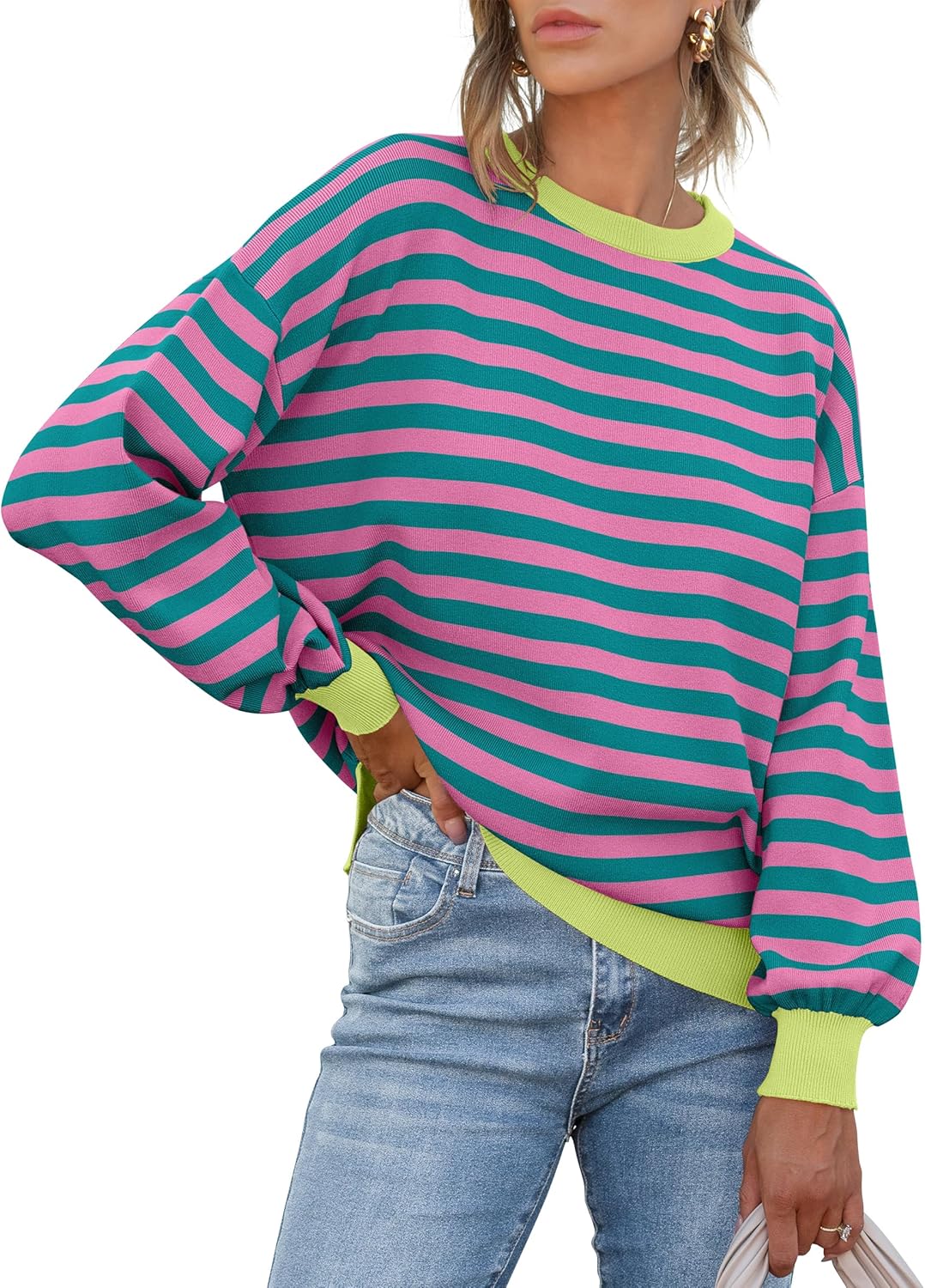 ANRABESS Womens Oversized Striped Sweaters Long Sleeve Crewneck Casual Side Slit Pullover Tops 2025 Fall Trendy Outfits