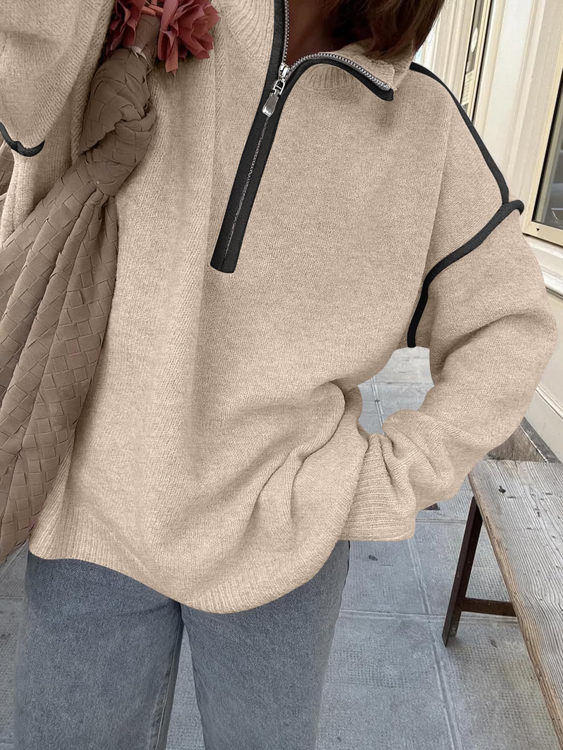 ANRABESS Womens Quarter Zip Sweaters Fall Long Sleeve V Neck Shirts Collared Business Casual Tops Knit Pullover Sweatshirts