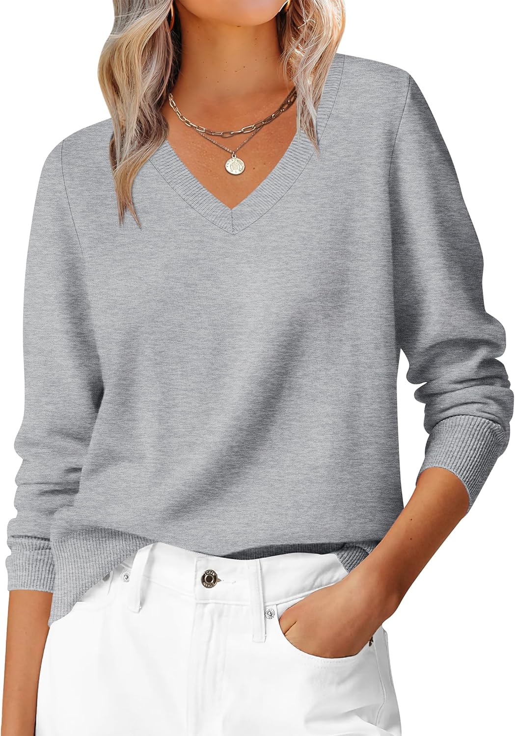 ANRABESS Womens Long Sleeve V Neck Sweaters 2025 Fall Casual Classic Soft Loose Fit Basic Pullover Jumper Top