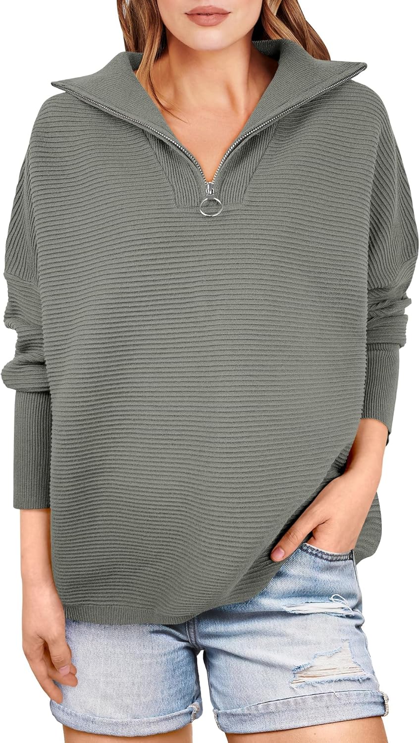 ANRABESS Women Quarter Zip Oversized Casual Loose Rib Knit Cozy Pullover Sweaters Top 2025 Fall Fashion Outfits Clothes