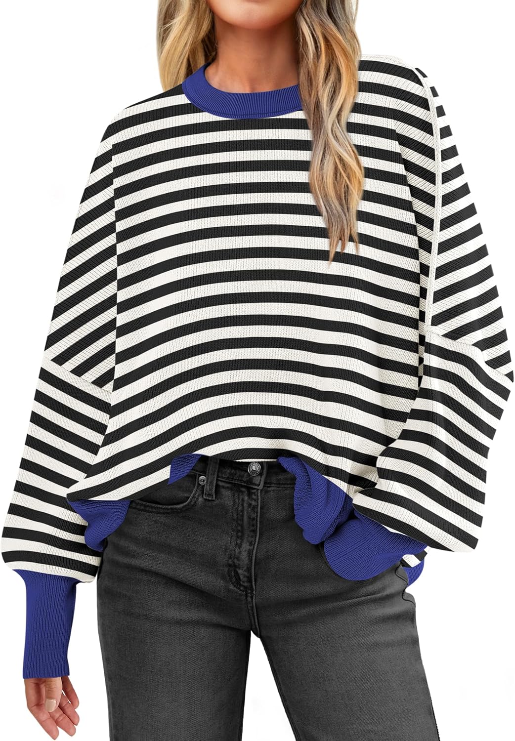 ANRABESS Women Oversized Sweaters Batwing Long Sleeve 2025 Fall Outfits Crewneck Casual Knit Side Slit Fashion Pullover Top