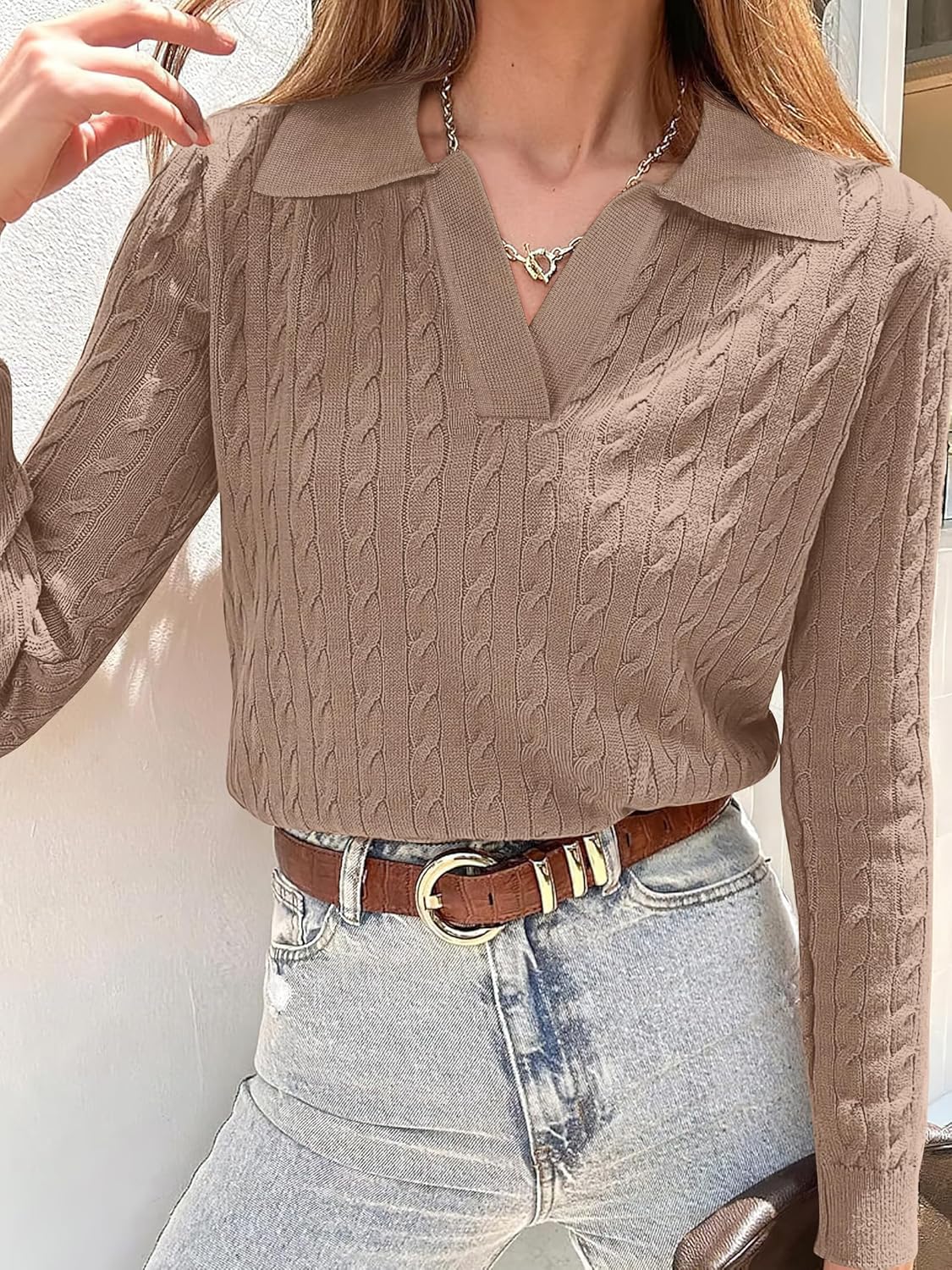 ANRABESS Womens Cable Knit Sweaters Long Sleeve V Neck Sweater Tops Casual Pullover Polo Shirts 2025 Fall Fashion Outfits