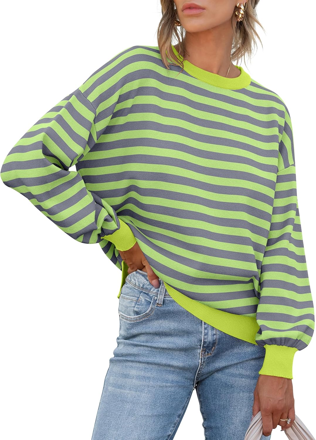 ANRABESS Womens Oversized Striped Sweaters Long Sleeve Crewneck Casual Side Slit Pullover Tops 2025 Fall Trendy Outfits