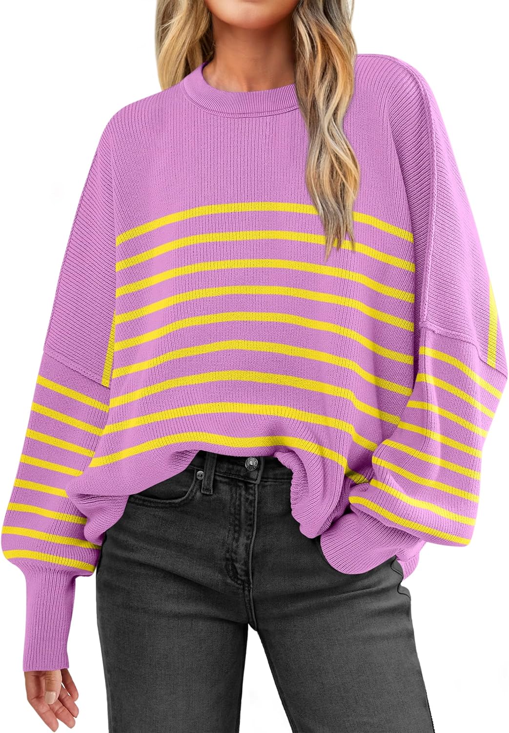 ANRABESS Womens Oversized Sweaters Fall 2025 Fashion Crewneck Batwing Long Sleeve Side Slit Knit Pullover Sweater Tops