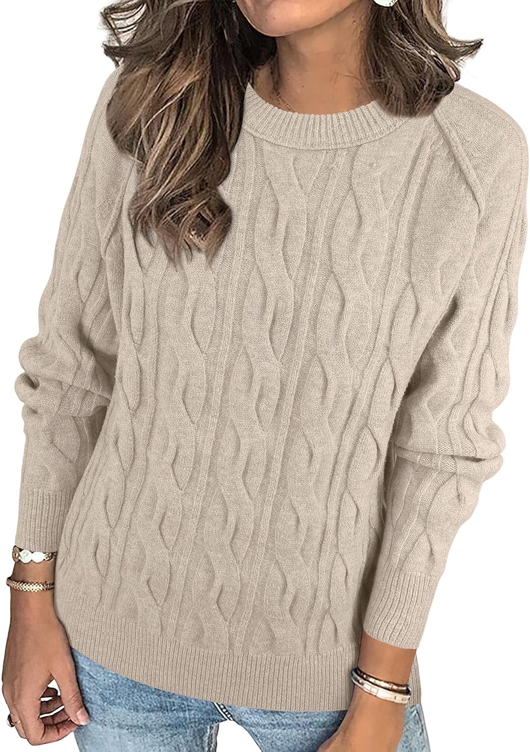 ANRABESS Sweaters for Women Long Sleeve Crewneck Cable Knit Casual Loose Pullover Tops 2025 Trendy Fall Vintage Outfits