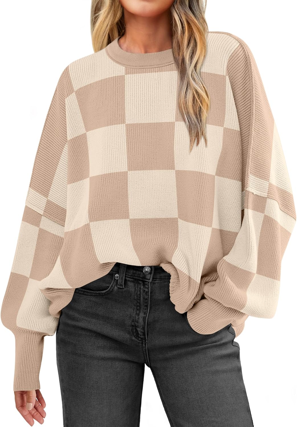 ANRABESS Womens Oversized Sweaters Fall 2025 Fashion Crewneck Batwing Long Sleeve Side Slit Knit Pullover Sweater Tops