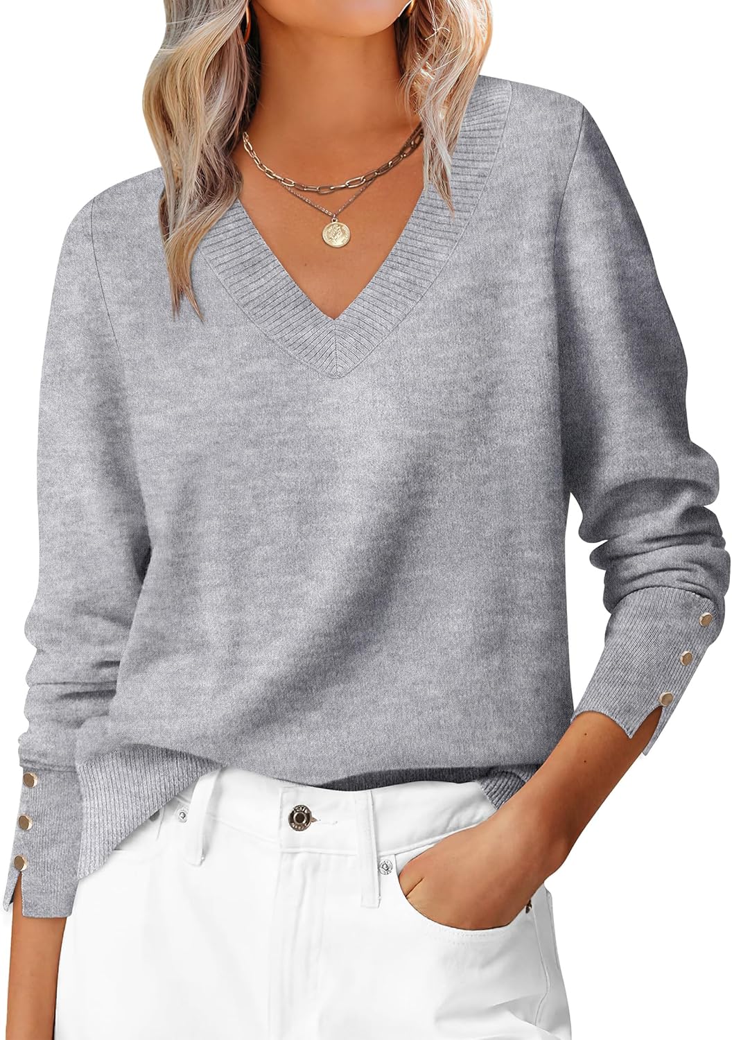 ANRABESS Sweaters for Women Long Sleeve V Neck Shirts Business Casual Work Blouses 2025 Fall Loose Knit Pullover Sweater Tops