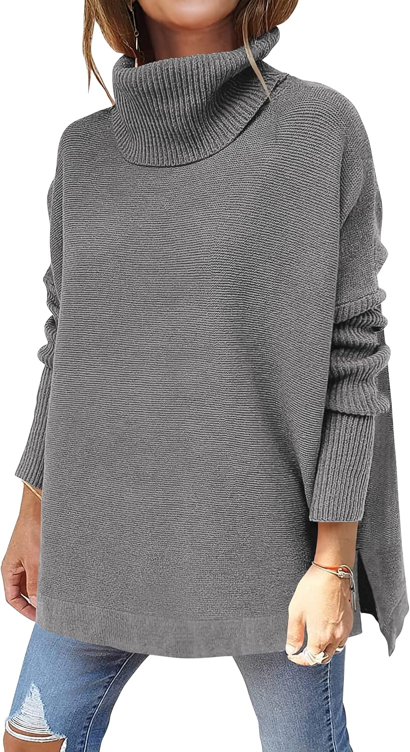 ANRABESS Women's Oversized Turtleneck Batwing Sleeve Spilt Casual Loose Knit Tunic Pullover Sweater Tops 2025 Fall Outfits