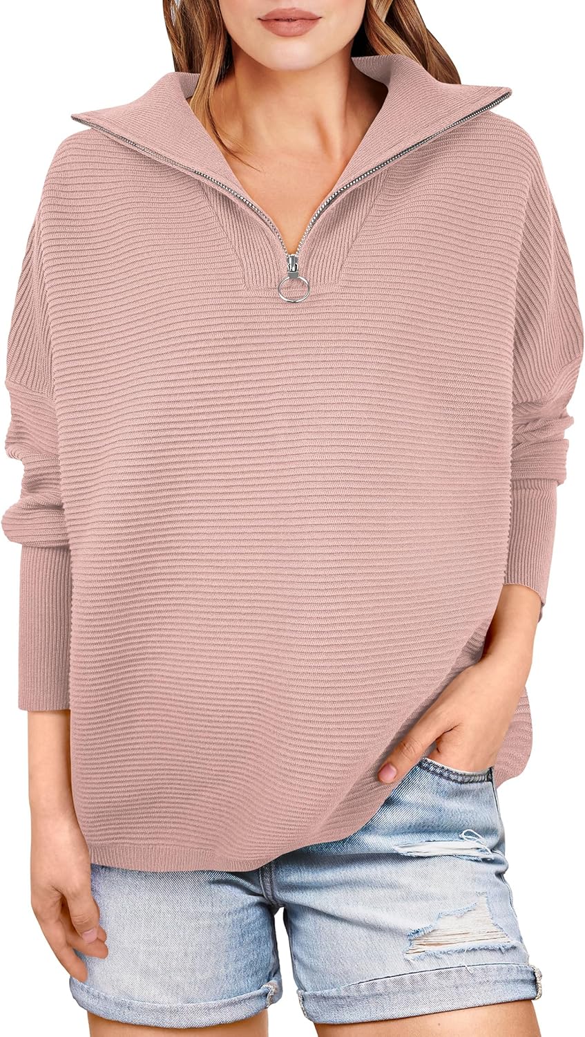 ANRABESS Women Quarter Zip Oversized Casual Loose Rib Knit Cozy Pullover Sweaters Top 2025 Fall Fashion Outfits Clothes