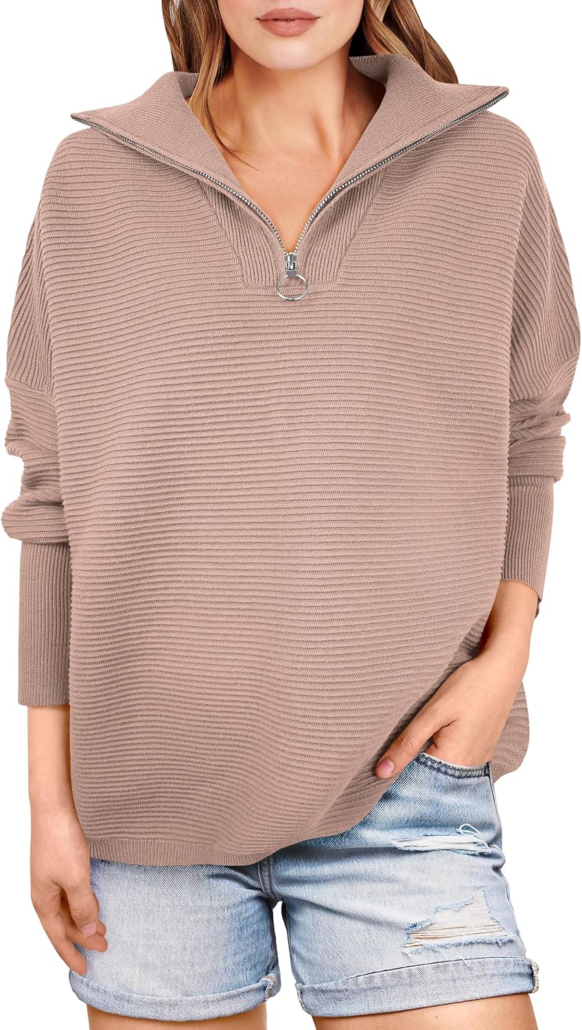 ANRABESS Women Quarter Zip Oversized Casual Loose Rib Knit Cozy Pullover Sweaters Top 2025 Fall Fashion Outfits Clothes
