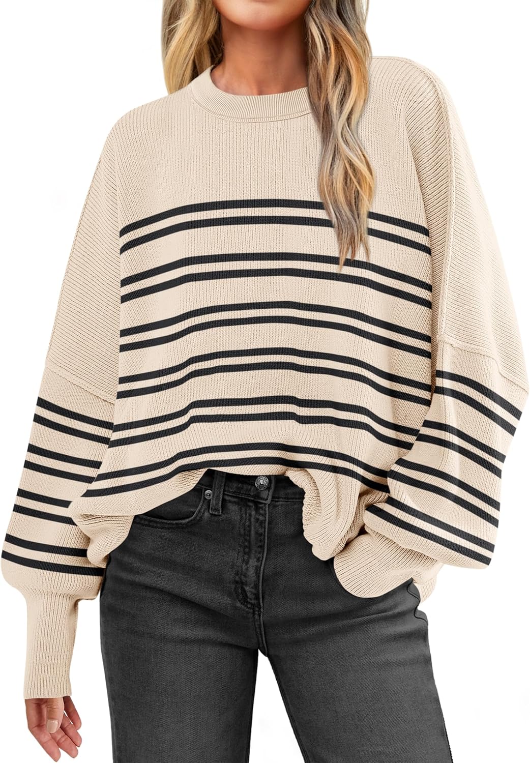 ANRABESS Womens Oversized Sweaters Fall 2025 Fashion Crewneck Batwing Long Sleeve Side Slit Knit Pullover Sweater Tops