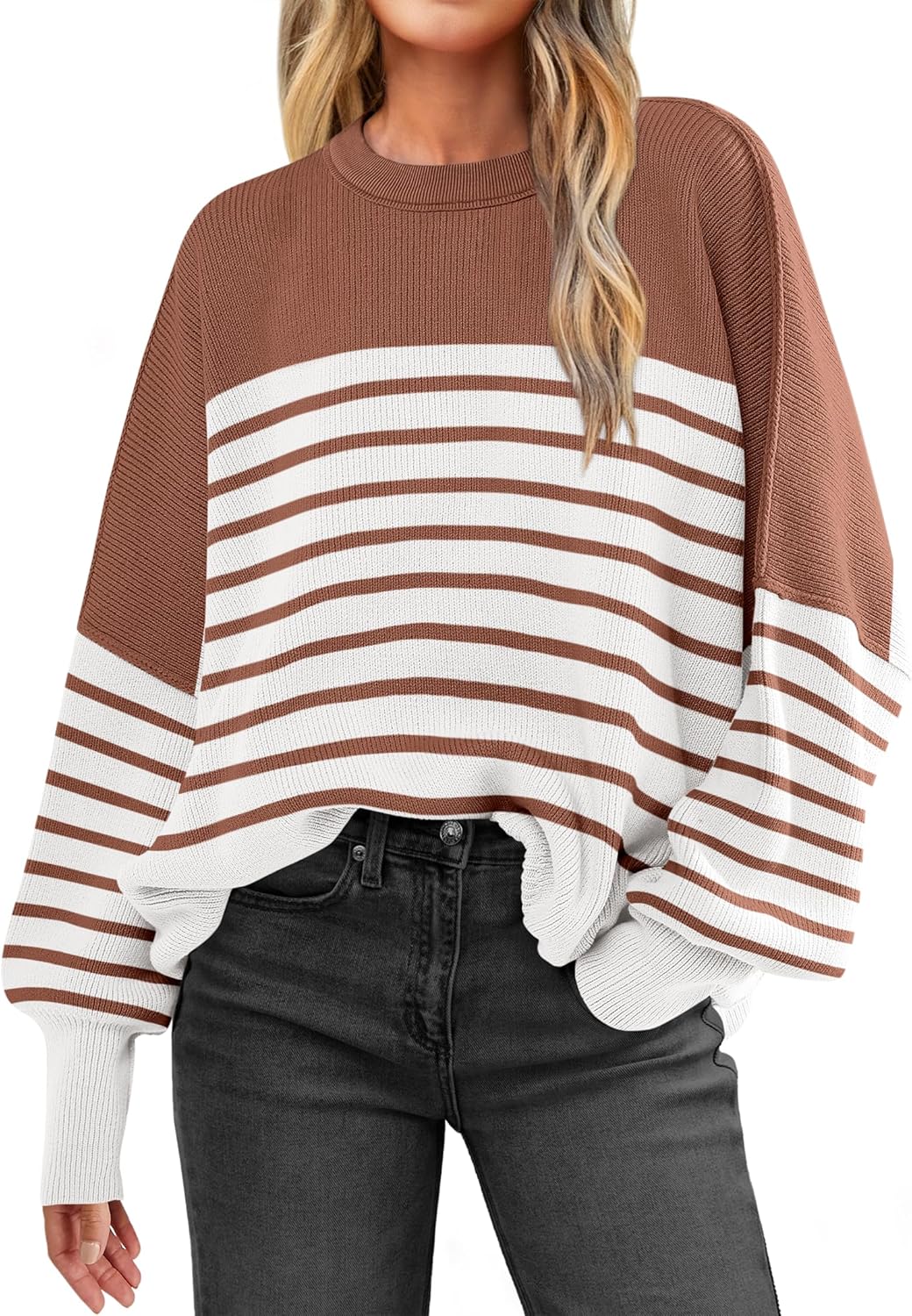 ANRABESS Womens Oversized Sweaters Fall 2025 Fashion Crewneck Batwing Long Sleeve Side Slit Knit Pullover Sweater Tops